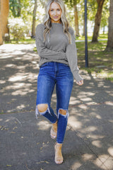 Gray Ribbed Zip Knit Top Long Sleeve Tops JT's Designer Fashion