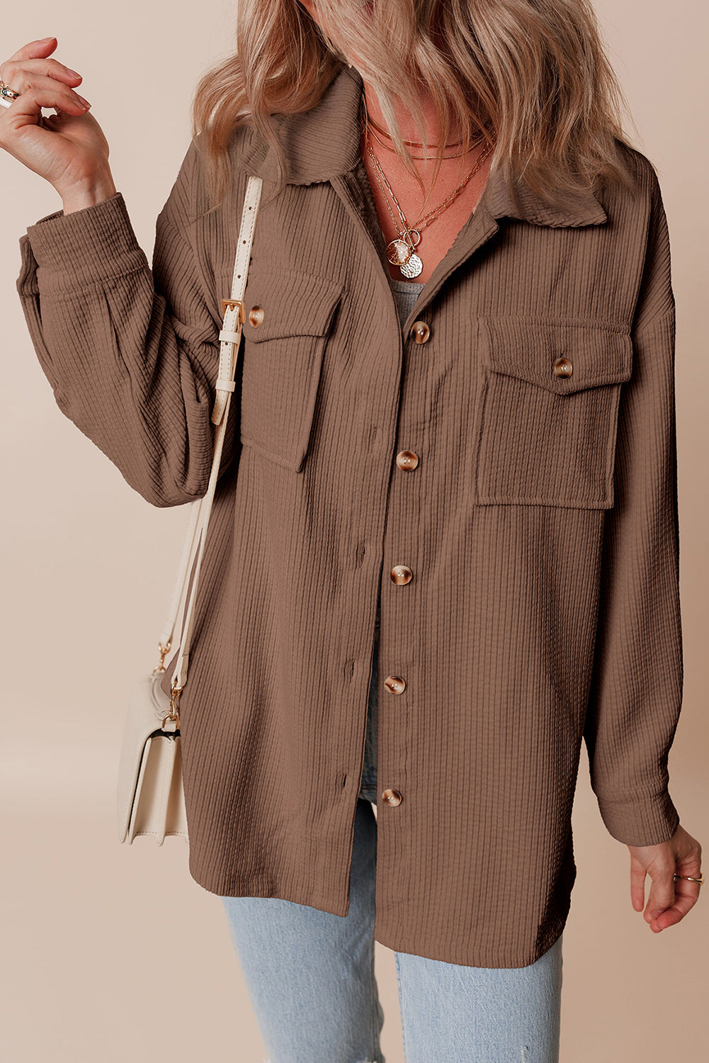 Chestnut Corduroy Flap Pocket Button Up Shacket Jackets JT's Designer Fashion