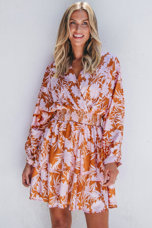 Brown Floral Puff Sleeve Smocked Waist Layered Dress Brown 100%Polyester Floral Dresses JT's Designer Fashion