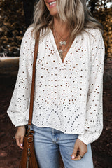 White Eyelet Embroidered Puff Sleeve V Neck Blouse Blouses & Shirts JT's Designer Fashion