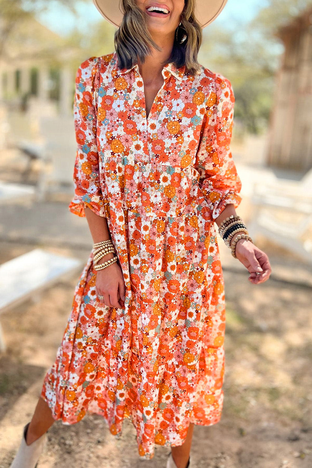 Multicolor Boho Floral Collared Long Sleeve Ruffled Dress Floral Dresses JT's Designer Fashion