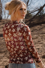 Red Mesh Star Print Mock Neck Sheath Long Sleeve Top Long Sleeve Tops JT's Designer Fashion