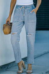 Sky Blue Gather Round Distressed Pocketed Denim Jogger Jeans JT's Designer Fashion