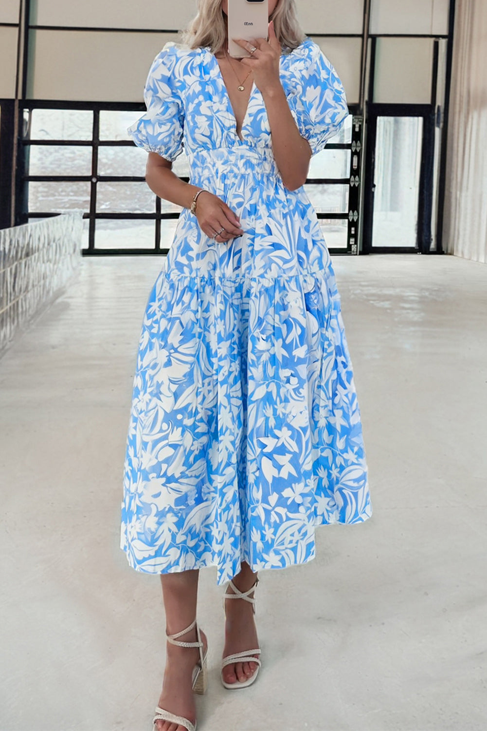Sky Blue Floral V Neck Puff Short Sleeve Flowy Long Dress Sky Blue 100%Polyester Maxi Dresses JT's Designer Fashion