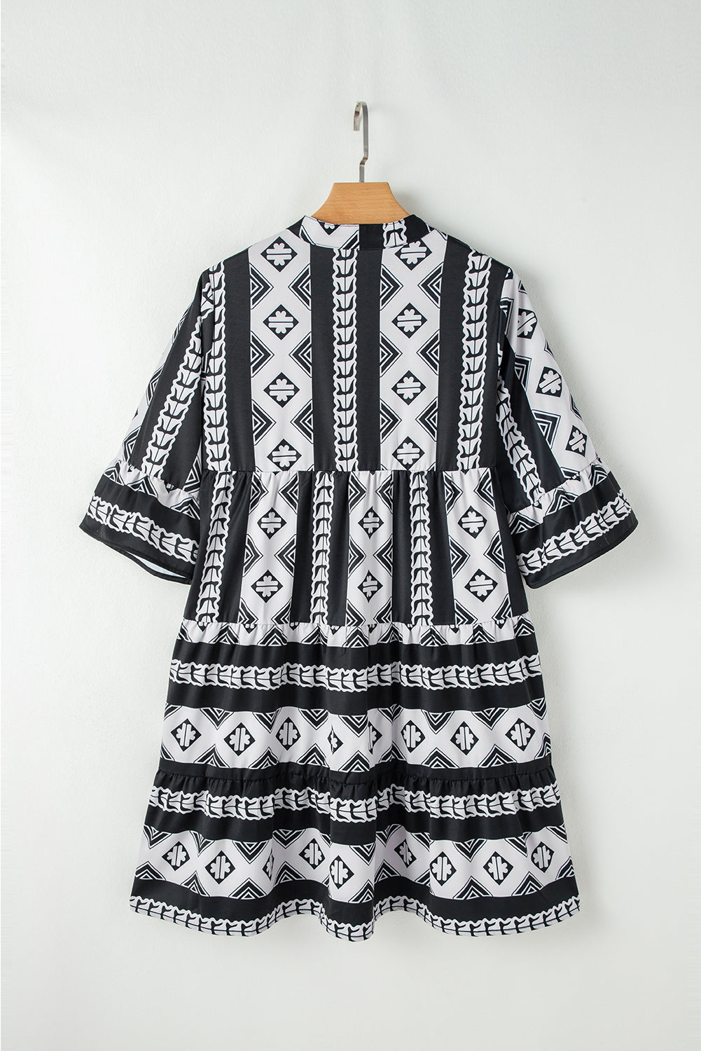 Black Geometric Print V Neck Ruffled Dress Mini Dresses JT's Designer Fashion
