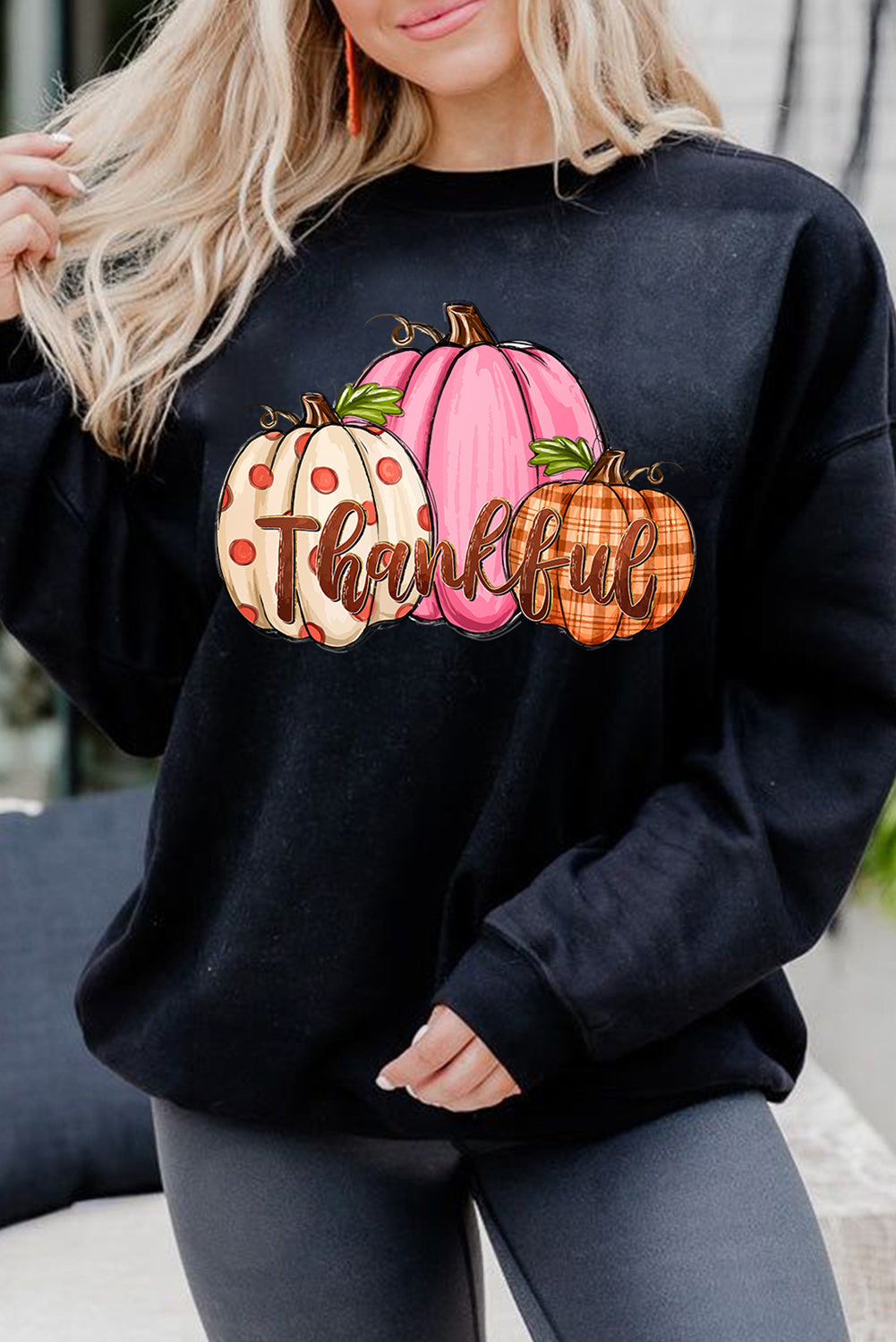Black Pumpkin Thankful Drop Shoulder Thanksgiving Pullover Sweatshirt Graphic Sweatshirts JT's Designer Fashion