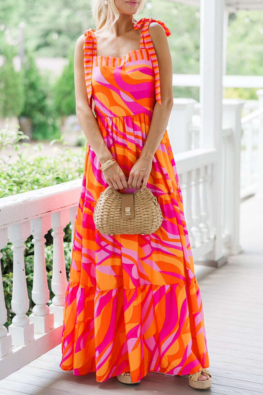 Red Abstract Print Knotted Shoulder High Waist Long Dress Maxi Dresses JT's Designer Fashion
