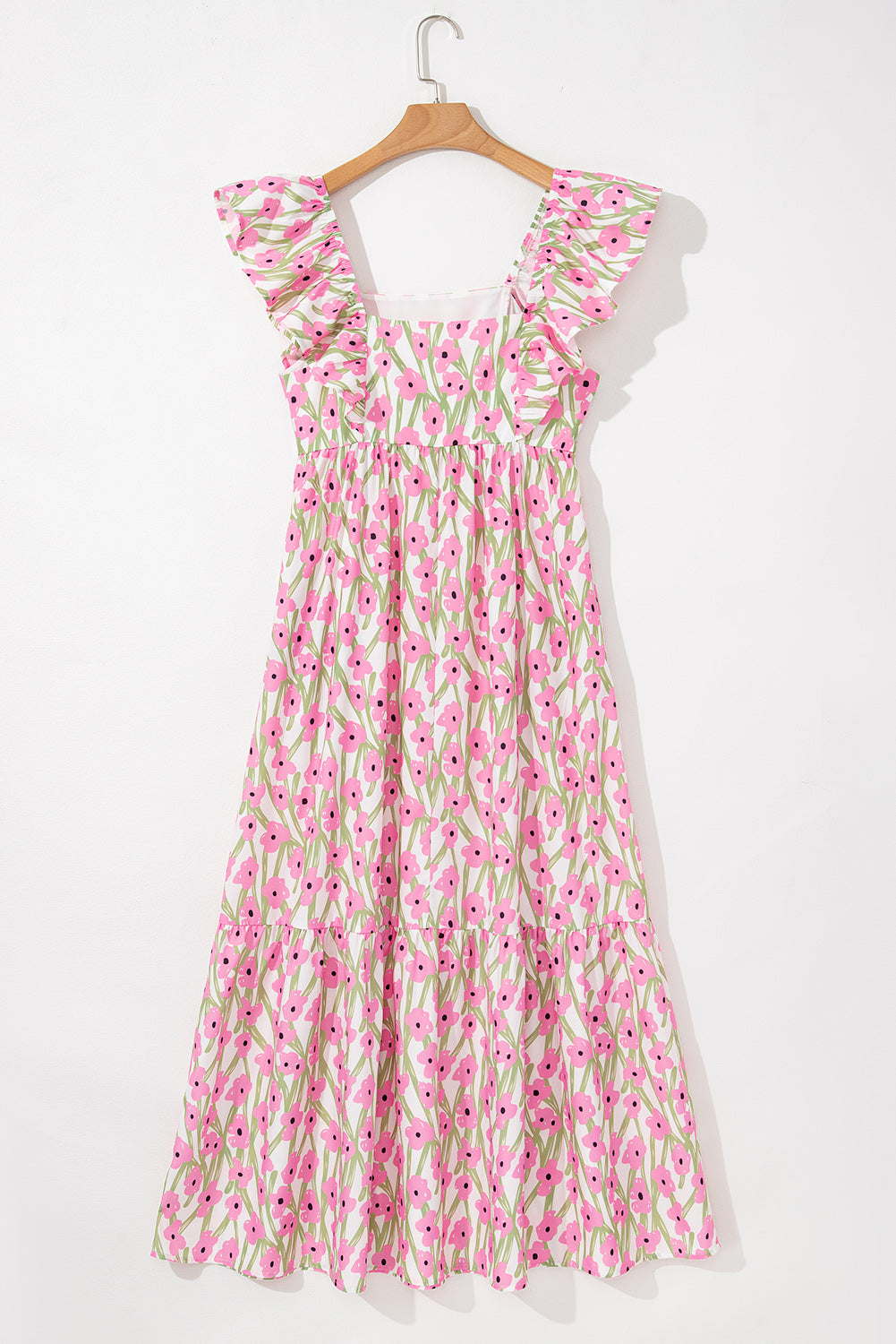 Pink Floral Print Square Neck Ruffled Strap Maxi Dress Floral Dresses JT's Designer Fashion