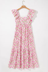 Pink Floral Print Square Neck Ruffled Strap Maxi Dress Floral Dresses JT's Designer Fashion