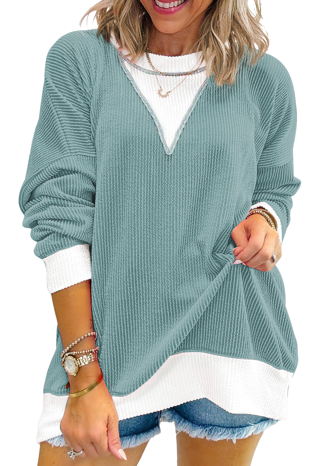 Light Blue Corded Colorblock Drop Shoulder Loose Top Long Sleeve Tops JT's Designer Fashion