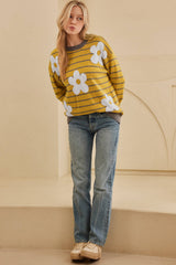 Yellow Stripe Daisy Floral Knitted Round Neck Sweater Sweaters JT's Designer Fashion
