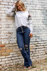 Dark Washed Distressed Flare Bottom Jeans Jeans JT's Designer Fashion