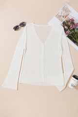 White Lightweight V Neck Button Front Bell Sleeve Cardigan Sweater Cardigans JT's Designer Fashion