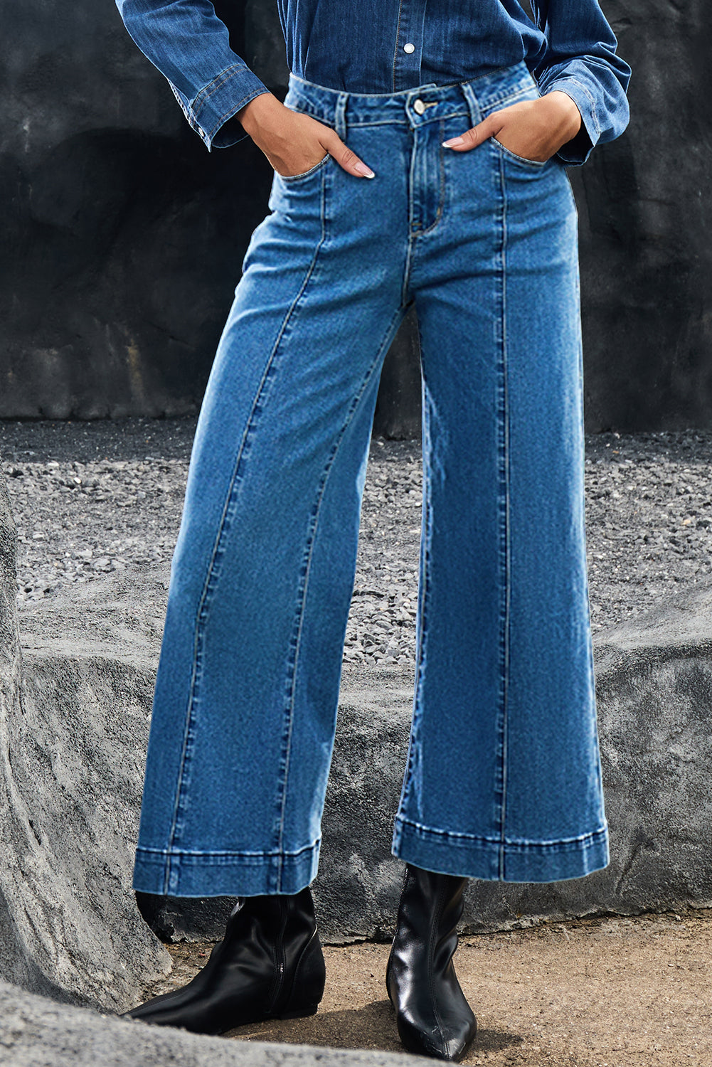 Dark Blue Plain Seam Detail Flared Bottom Ankle Length Jeans Jeans JT's Designer Fashion