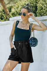 Black Faux Leather Paper Bag Waist High Rise Shorts Casual Shorts JT's Designer Fashion