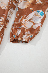 Brown Floral Print Shirred Square Neck High Waist Long Dress Maxi Dresses JT's Designer Fashion