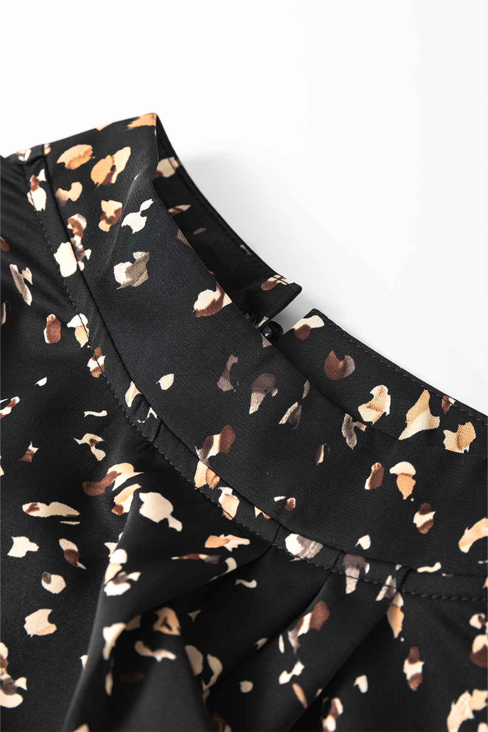 Black Leopard Print Lantern Sleeve Mock Neck Pleated Blouse Blouses & Shirts JT's Designer Fashion
