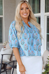 Sky Blue Floral Striped Print Shirred Yoke Split Neck Blouse Blouses & Shirts JT's Designer Fashion
