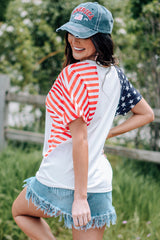 White USA Flag Sequin Patchwork Color Bock T Shirt Graphic Tees JT's Designer Fashion
