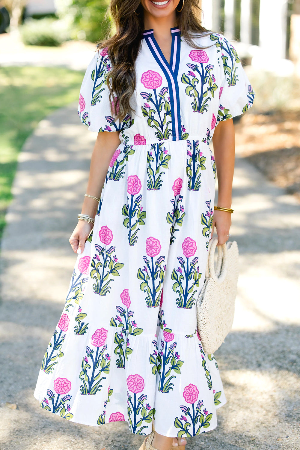 White Floral Puff Short Sleeve V Neck High Waist Maxi Dress Floral Dresses JT's Designer Fashion