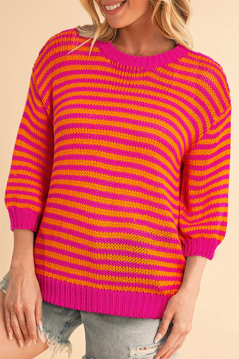 Rose Stripe 3/4 Puff Sleeve Drop Shoulder Sweater Rose Stripe 100%Acrylic Sweaters JT's Designer Fashion