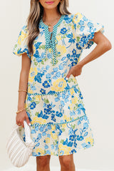Blue Floral Striped Trim Puff Short Sleeve Dress Floral Dresses JT's Designer Fashion