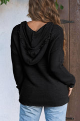 Black V Neck Ribbed Drop Shoulder Hooded Sweater Sweaters & Cardigans JT's Designer Fashion