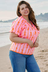 Rose Bowknot Print Shirred V Neck Puff Sleeve Plus Size Blouse Plus Size Blouses & Shirts JT's Designer Fashion