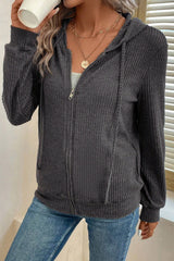 Dark Grey Ribbed Zip Up Front Drawstring Hoodie Sweatshirts & Hoodies JT's Designer Fashion