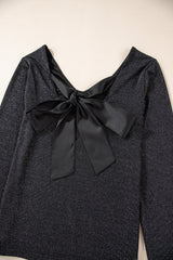 Black Metallic Bowknot Open Back V Neck Top Long Sleeve Tops JT's Designer Fashion