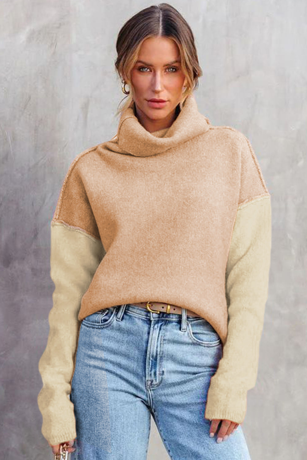 Pale Chestnut Color Block Turtle Neck Drop Shoulder Knit Sweater Sweaters JT's Designer Fashion