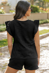 Black Textured Ruffled Sleeve Tee and Drawstring Elastic Waistband Shorts Set Short Sets JT's Designer Fashion