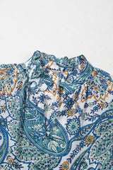 Blue Bohemian Paisley Floral V Neck Short Sleeve Mini Dress Floral Dresses JT's Designer Fashion