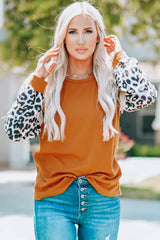 Brown Leopard Sequin Patchwork Long Sleeve Top Long Sleeve Tops JT's Designer Fashion