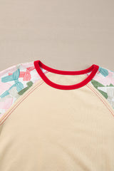 Beige Bowknot Printed Patchwork Raglan Sleeve Colorblock Edge Top Long Sleeve Tops JT's Designer Fashion