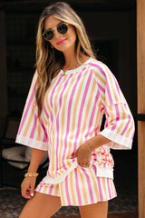 Pink Stripe Drop Shoulder Half Sleeve Loose Tee and Shorts Casual Set Short Sets JT's Designer Fashion