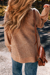 Dark Brown Loose Eyelet V Neck Drop Shoulder Sweater Sweaters JT's Designer Fashion