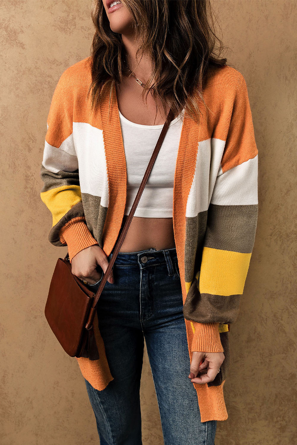 Open Front Pocketed Colorblock Cardigan Sweaters & Cardigans JT's Designer Fashion