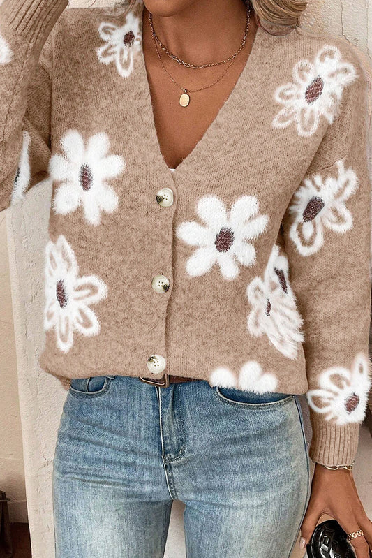 Smoke Gray Floral Print V Neck Knitted Button up Cardigan Smoke Gray 42%Acrylic+30%Polyester+28%Polyamide Cardigans JT's Designer Fashion