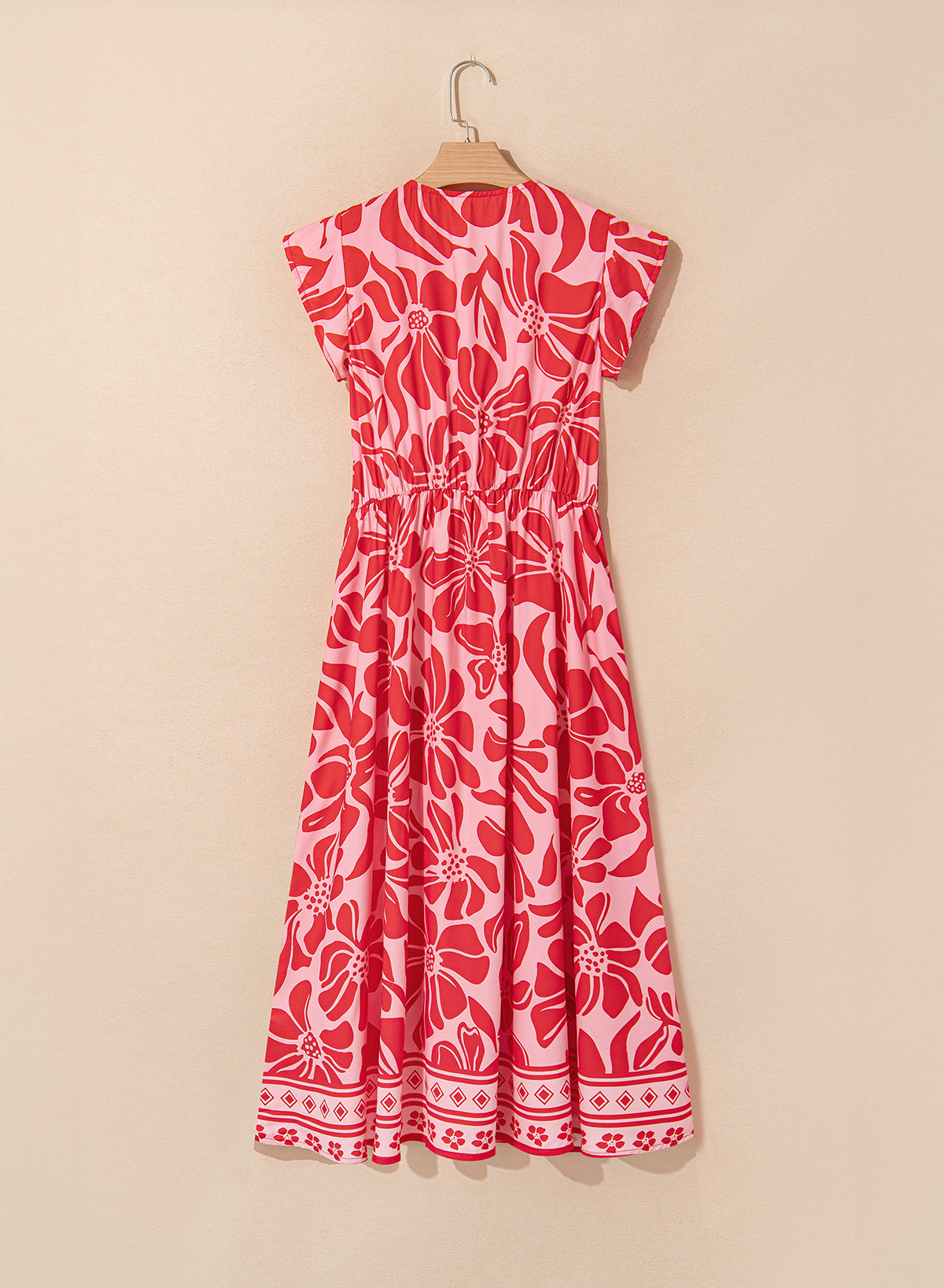 Red Boho Floral Short Sleeve V Neck Buttoned Shirred Waist Long Dress Floral Dresses JT's Designer Fashion