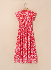 Red Boho Floral Short Sleeve V Neck Buttoned Shirred Waist Long Dress Floral Dresses JT's Designer Fashion