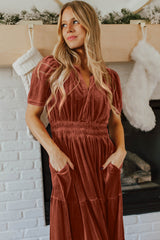 Chestnut Velvet Short Sleeve Shirred Waist Tiered Long Dress Maxi Dresses JT's Designer Fashion