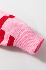 Pink Stripe Bubble Sleeve Drop Shoulder Ribbed Trim Sweater Sweaters JT's Designer Fashion