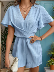 Tied V-Neck Short Sleeve Romper JT's Designer Fashion