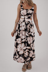 Black Floral Cutout Square Neck Knot Back Sleeveless Long Dress Maxi Dresses JT's Designer Fashion