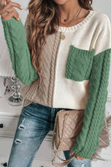 Vineyard Green Colorblock Patched Pocket Drop Shoulder Sweater Sweaters JT's Designer Fashion