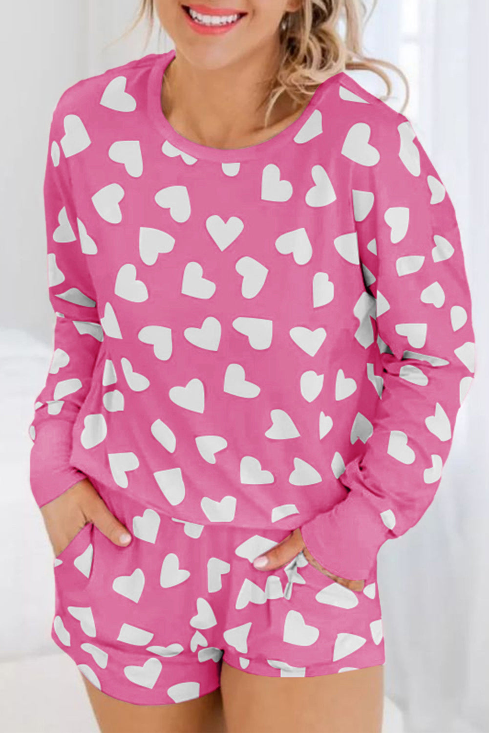 Pink Valentine Heart Shape Print Long Sleeve Top Shorts Lounge Set Pink 95%Polyester+5%Elastane Short Sets JT's Designer Fashion