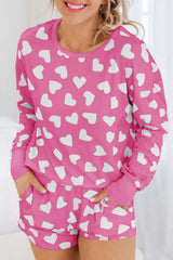 Pink Valentine Heart Shape Print Long Sleeve Top Shorts Lounge Set Pink 95%Polyester+5%Elastane Short Sets JT's Designer Fashion