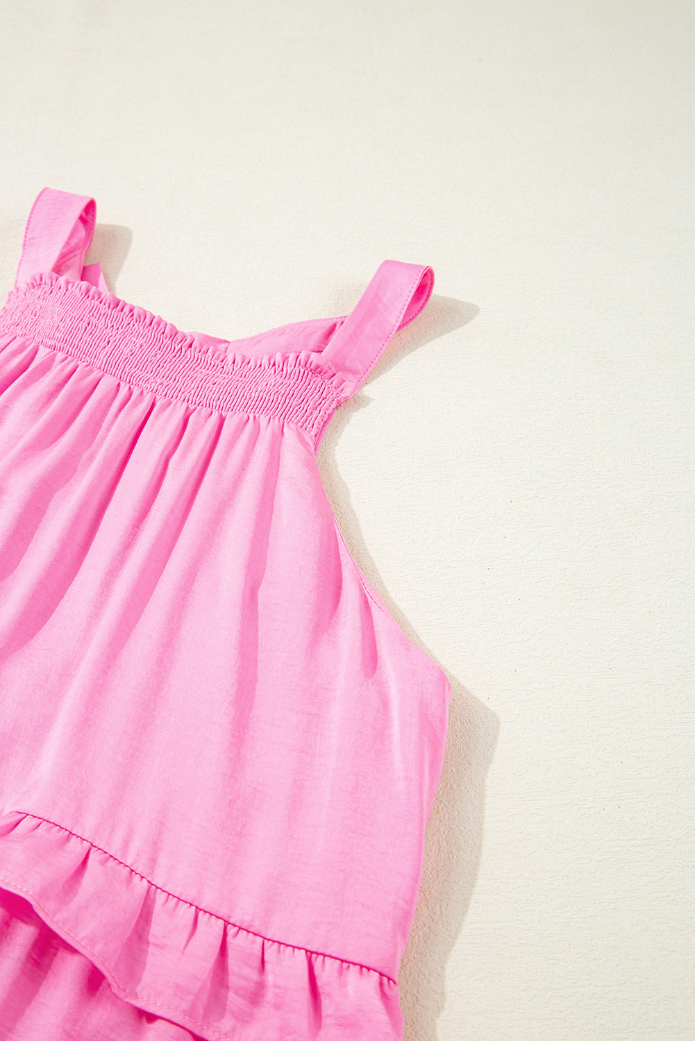 Pink Smocked Neck Knot Back Frilly Tiered Sleeveless Mini Dress Mini Dresses JT's Designer Fashion