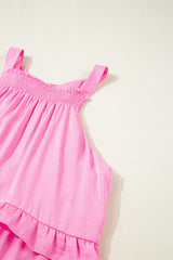Pink Smocked Neck Knot Back Frilly Tiered Sleeveless Mini Dress Mini Dresses JT's Designer Fashion
